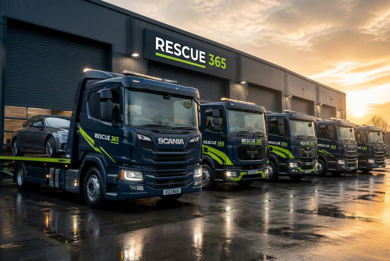 A fleet of Rescue365-branded recovery trucks lined up outside a Rescue 365 storage warehouse