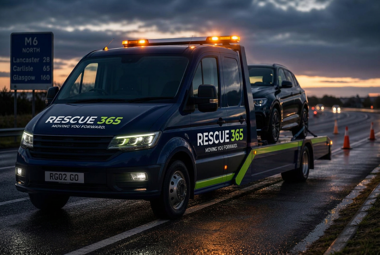 Rescue 365 flatbed recovery truck on a UK motorway hard shoulder at dusk