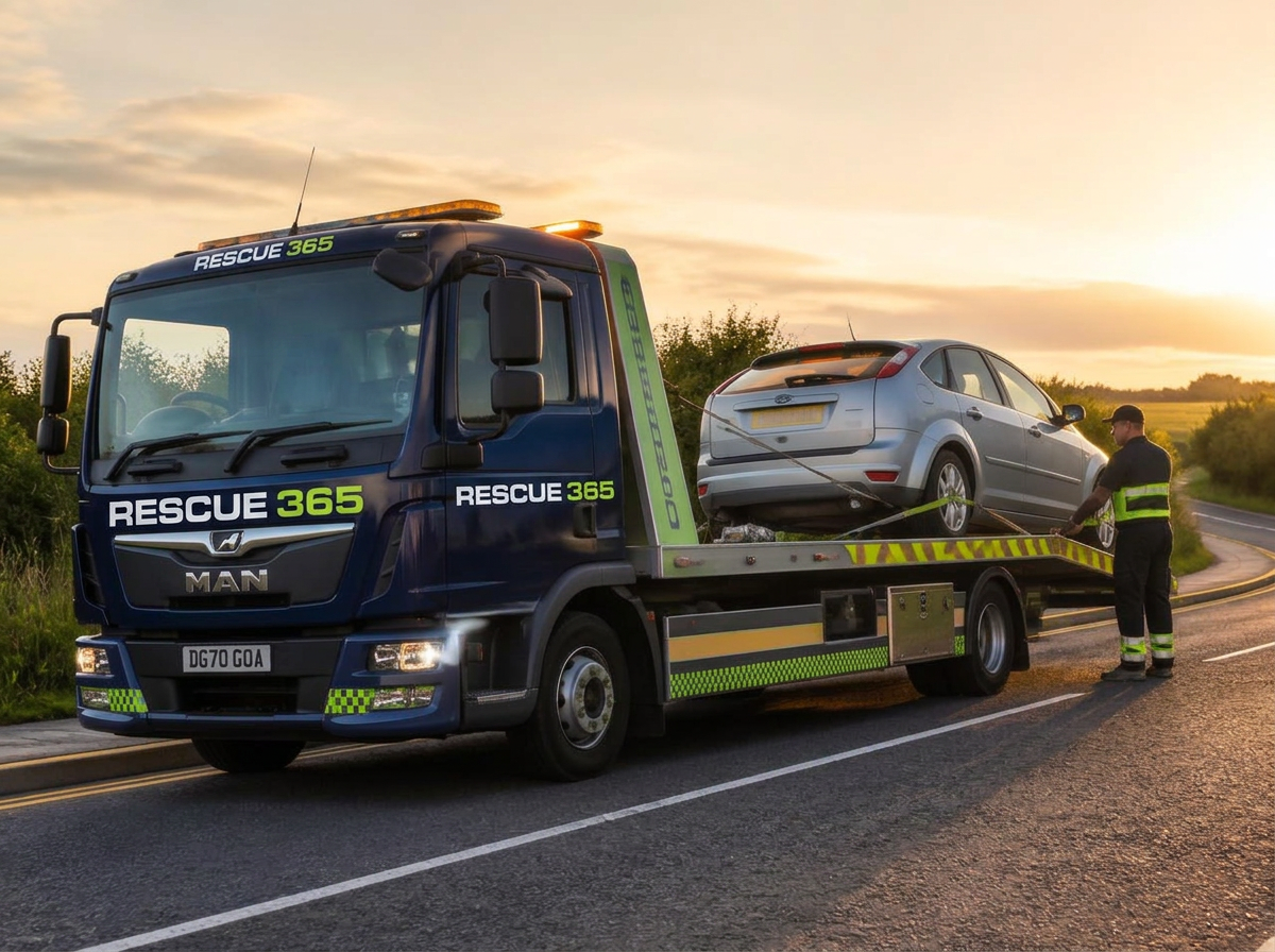 Rescue 365 operator winching a car onto a branded flatbed truck
