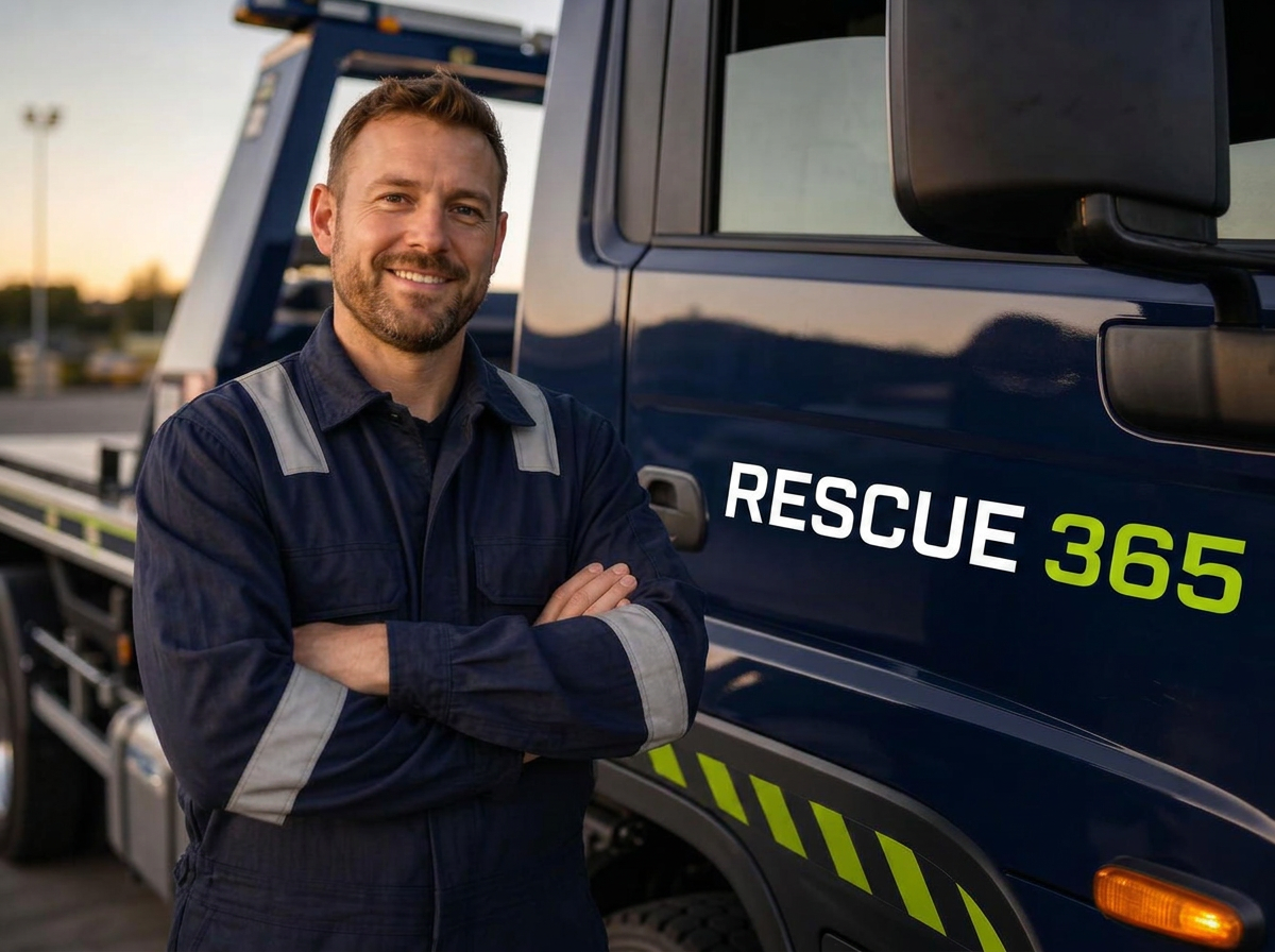 Verified Rescue 365 operator beside a branded recovery truck