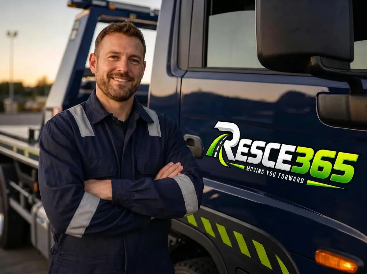 Recovery operator beside a Rescue 365-branded recovery vehicle